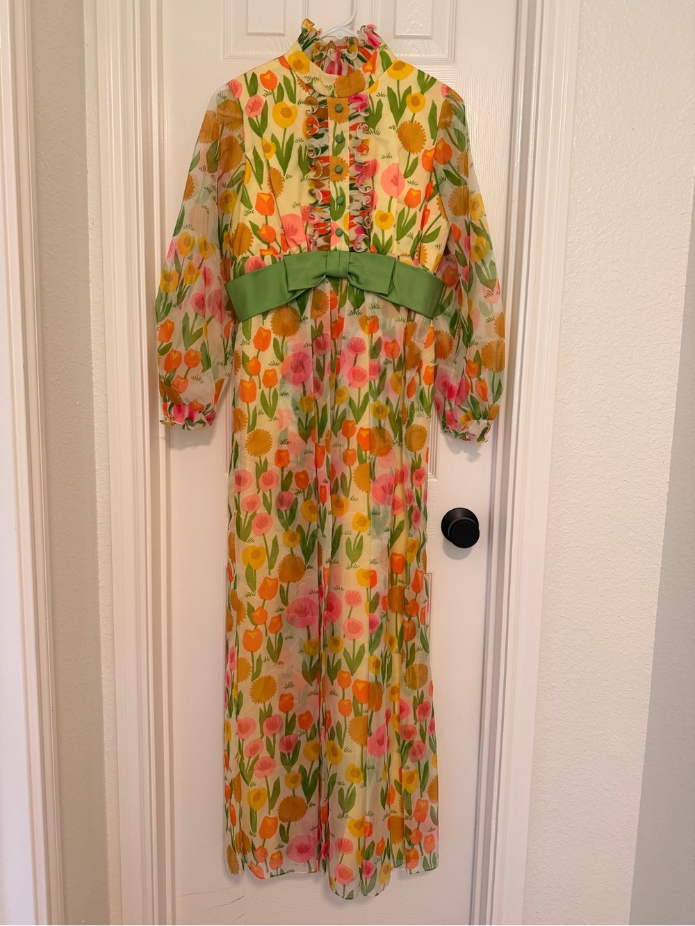 1970’s Vintage Floral Maxi Dress with Green Sash